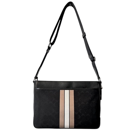 Coach Thompson Signature Stripe Messenger Crossbody Bag | Black Leather Canvas - Picture 4 of 16